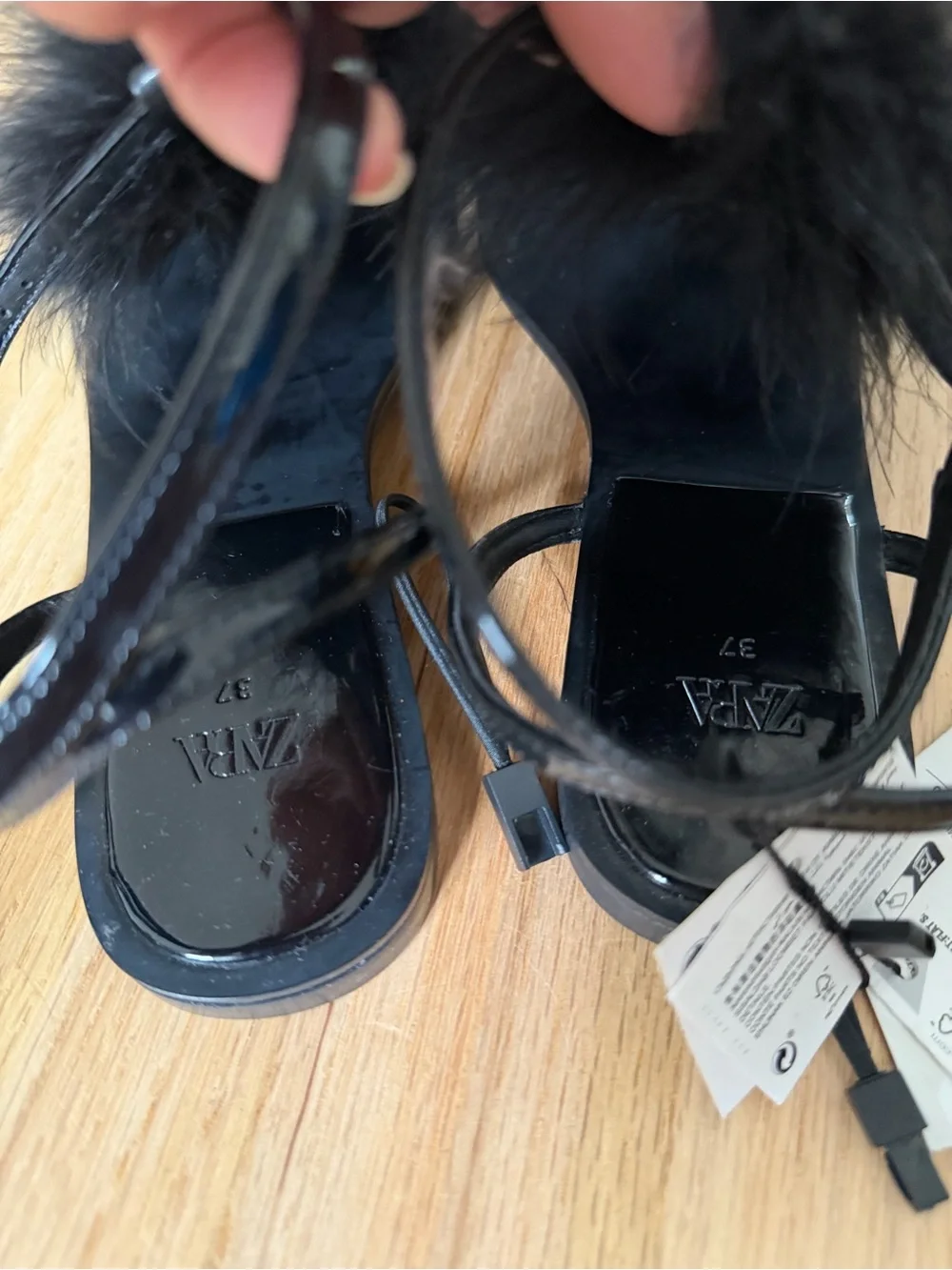 Zara Black Feather-Trim Strappy Sandals - Picture 4 of 6